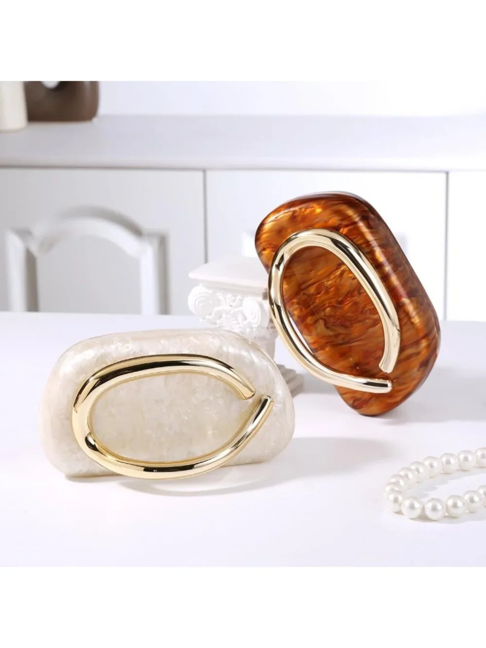 👜Women's Coffee Marble Art Deco Clutch Gold-Tone Handle Evening Party Purse Bag